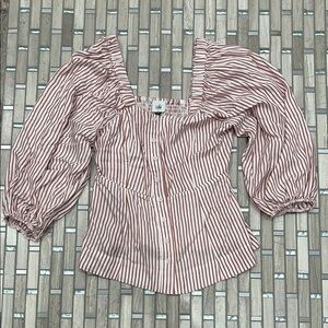 CAbi Red and White Ruched Puff Sleeve Blouse